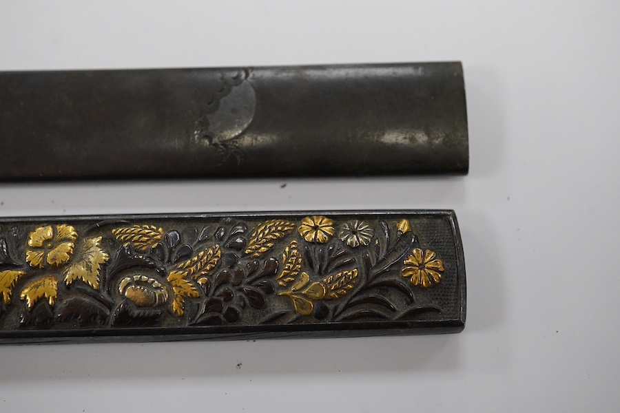 Two 19th century Japanese bronze and mixed metal kozuka knife handles, largest 9.5cm. Condition - good